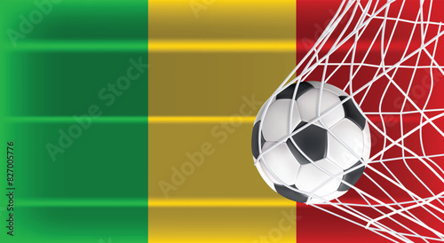 Soccer or Football ball in Goal Net Isolated on Mali Shaded Flag, Sports Accessory Equipment for Playing Game, Championship and Competition Design Element Realistic 3D Vector File