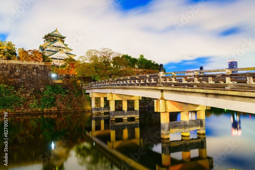 Osaka Castle, Landscape view of osaka castle museum at night sky in Autumn forrest, Osaka, Japan.