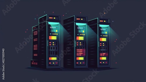 Futuristic server room illustration featuring three server racks with vibrant lights, showcasing modern technology and digital data storage. photo