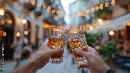 Two friends toasting with whiskey glasses in an outdoor setting with hanging lights and a blurred background  creating a festive atmosphere.