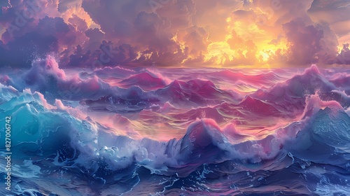 peaceful ocean scene with waves tinted in soft liquid hues