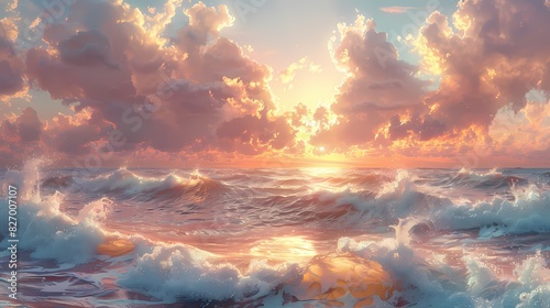 peaceful ocean scene with waves tinted in soft liquid hues