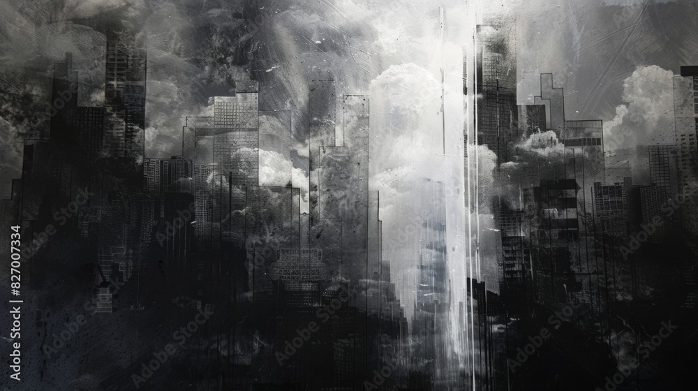 Obraz premium Abstract city, black building in the center of the composition has a radiance of light