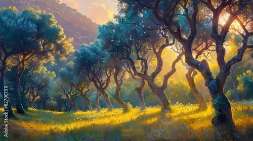 peaceful orchard with trees bathed in soft liquid hues