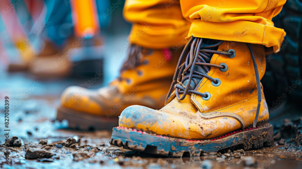 Close-up of mud-covered construction boots on a worksite, emphasizing rugged durability and the tough nature of construction work. Close-up of mud-covered construction boots on a worksite, emphasizing rugged durability and the tough nature of construction work.