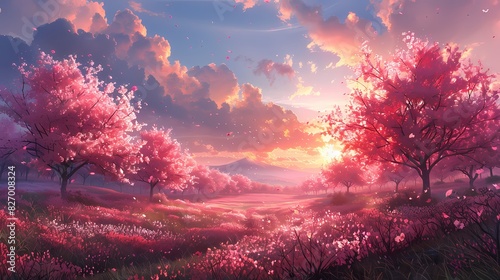peaceful orchard with trees bathed in soft liquid hues