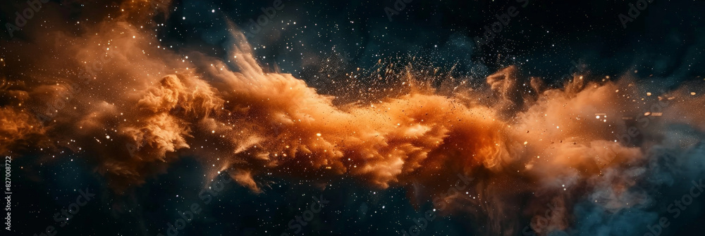 Fototapeta premium close up of an explosion in space, dark background, dust and smoke, Colorful explosion of dust and particles in blue and orange, creating a vibrant and dynamic scene with contrasting colors and intric