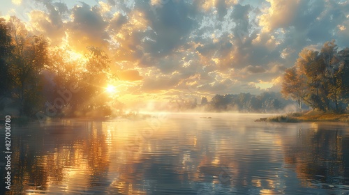 peaceful riverside scene at dawn, where the water reflects the soft fluffy hues of the morning sky