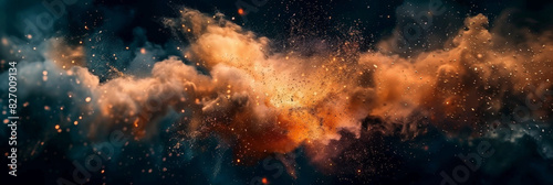 close up of an explosion in space  dark background  dust and smoke  Colorful explosion of dust and particles in blue and orange  creating a vibrant and dynamic scene with contrasting colors and intric