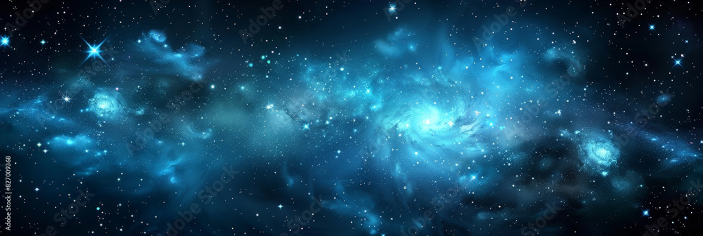 Naklejka premium Blue starry galaxy with nebulae and bright stars, showcasing a stunning cosmic landscape filled with vibrant colors and twinkling lights, perfect for space-themed designs and projects. 