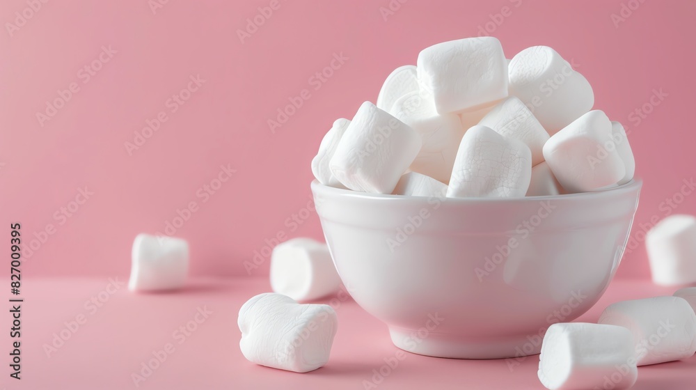 A white bowl filled with fluffy marshmallows against a pink background. Minimalist and sweet dessert or snack concept. A white bowl filled with fluffy marshmallows against a pink background. Minimalist and sweet dessert or snack concept.