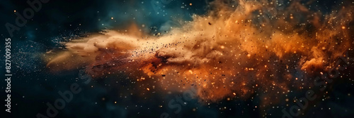 close up of an explosion in space  dark background  dust and smoke  Colorful explosion of dust and particles in blue and orange  creating a vibrant and dynamic scene with contrasting colors and intric