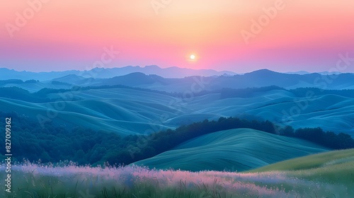 peaceful sunrise over rolling hills in soft liquid hues