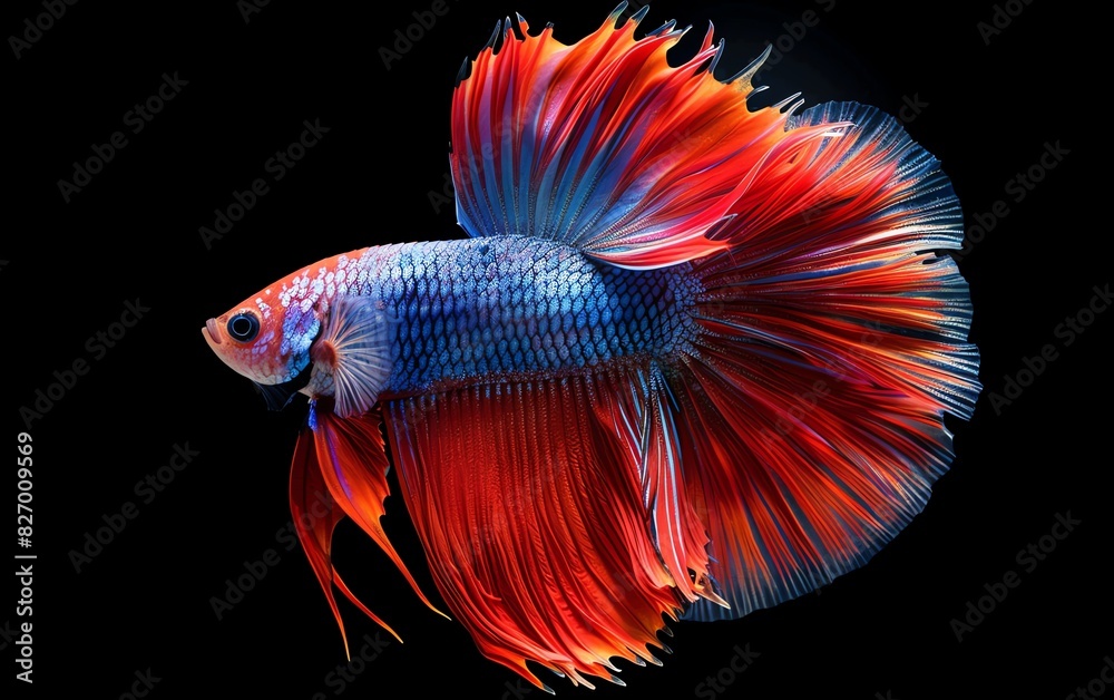 Close-up photo of a vibrant betta fish with striking blue and red fins against a black background, showcasing its elegant flow and vivid colors.