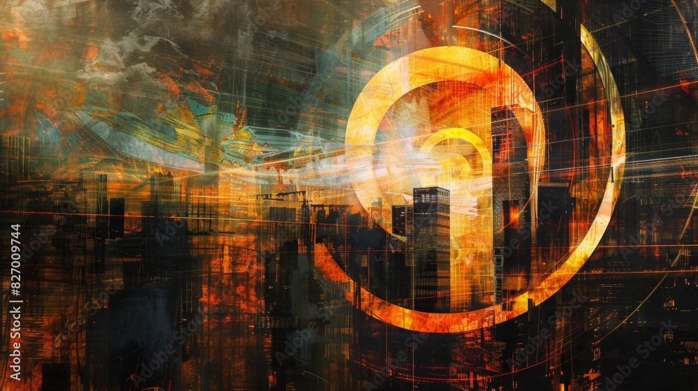 Fototapeta premium Abstract city, black building in the center of the composition has a radiance of light