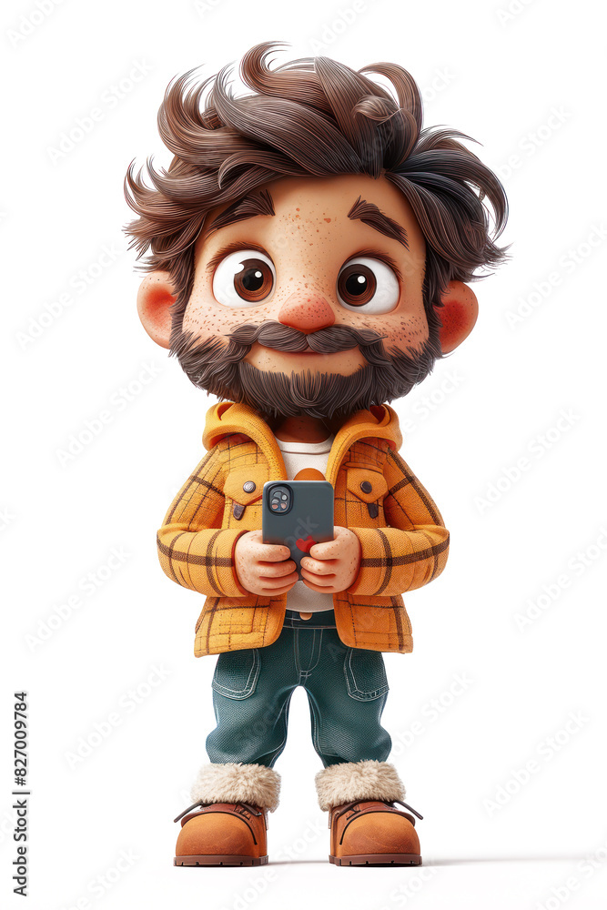 Fun Cartoon Character Man Look in Mobile Phone in His Hands extreme closeup. Generative AI Fun Cartoon Character Man Look in Mobile Phone in His Hands extreme closeup. Generative AI