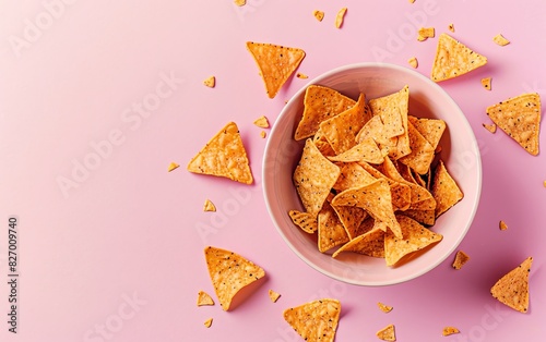 Tasty nacho chips in a white bowl on a pink background. Perfect for snack time, parties, or a fun treat. High-quality food photography.