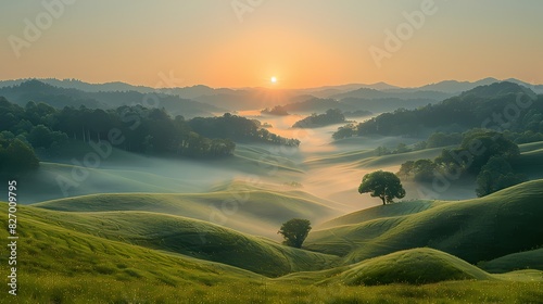 peaceful sunrise over rolling hills in soft liquid hues
