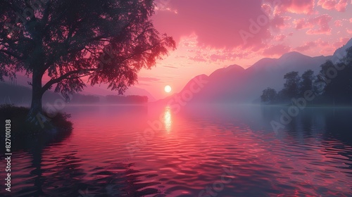 peaceful sunset overcalm lake in soft liquid hues