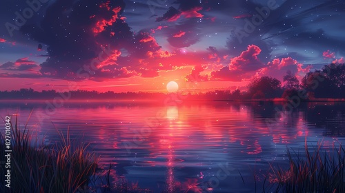 peaceful sunset overcalm lake in soft liquid hues