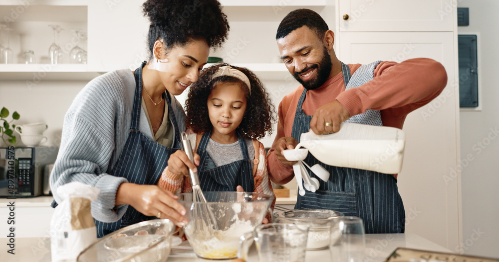 Family, child and bake in kitchen or home, cooking and learning together with parents in apartment or culinary skills. Food, treat and girl preparation and mixing, love and childhood development Family, child and bake in kitchen or home, cooking and learning together with parents in apartment or culinary skills. Food, treat and girl preparation and mixing, love and childhood development