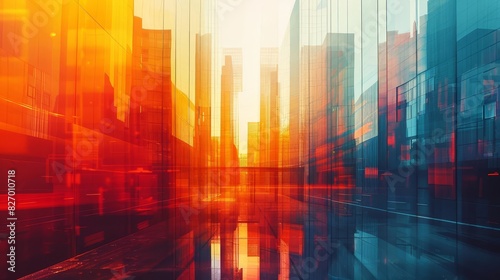 An abstract cityscape with a blue and orange color scheme