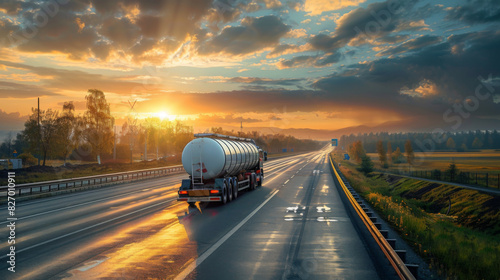 A tanker truck travels on an empty highway during a dramatic sunrise, emphasizing transportation and logistics.