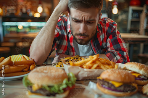 Man experiencing stomach pain after consuming unhealthy fast food photo