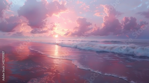 quiet beach at dawn with the sky and sea painted in soft fluffy hues of peach and purple