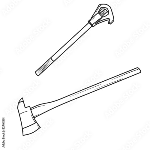 Vector illustration Fire axe and Fire hydrant wrench hand drawn sketch Fireman equipment line art,side view, isolated on white background, For kids coloring book or science illustration.
