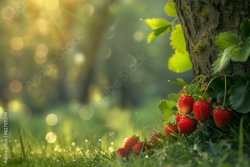 Strawberries grow on a tree in a grass field with salmonberry and raspberry photo