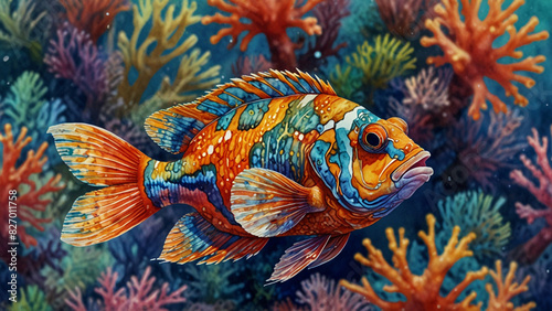 Watercolor painting: A mandarinfish displaying its intricate pattern and vibrant colors, its captivating appearance a testament to the beauty of coral reef species, photo