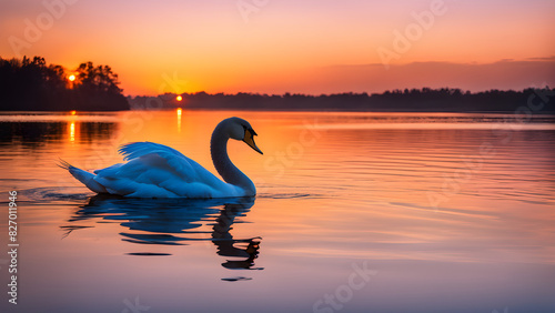 swans on the lake at sunset