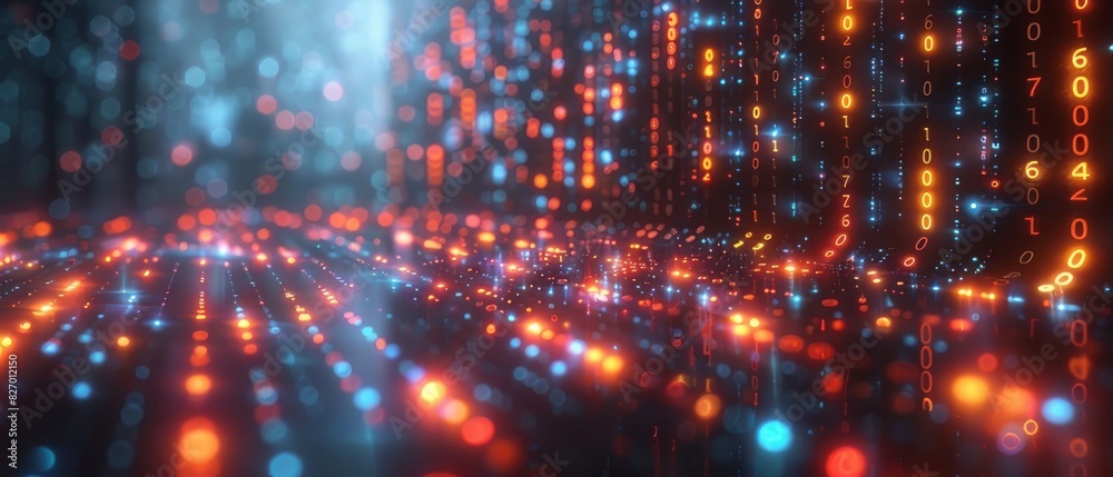 Abstract digital background with glowing blue and orange light dots representing data flow and technology in a futuristic atmosphere Abstract digital background with glowing blue and orange light dots representing data flow and technology in a futuristic atmosphere