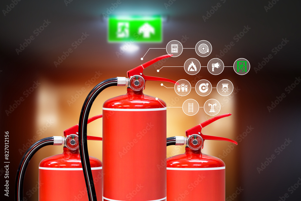 Obraz premium Fire extinguisher with fire protection icons symbol with sprinkler water pipe for prepare fire equipment for prevention in emergency case and safety or rescue and alarm system training concept..