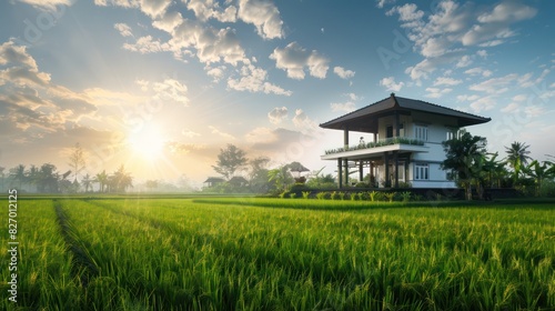 View of a modern two-story tropical house in the middle of a village cool rural green rice field in the morning.