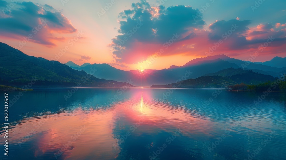 Sunset over a mountain lake with pink and orange skies reflecting in the calm water, creating a tranquil scene. Sunset over a mountain lake with pink and orange skies reflecting in the calm water, creating a tranquil scene.