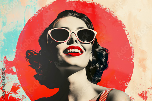 Fun woman with red lips and trendy sunglasses looking forward. Retrro style illustration. Concept of vocation photo