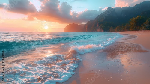 serene beach with waves of soft liquid hues