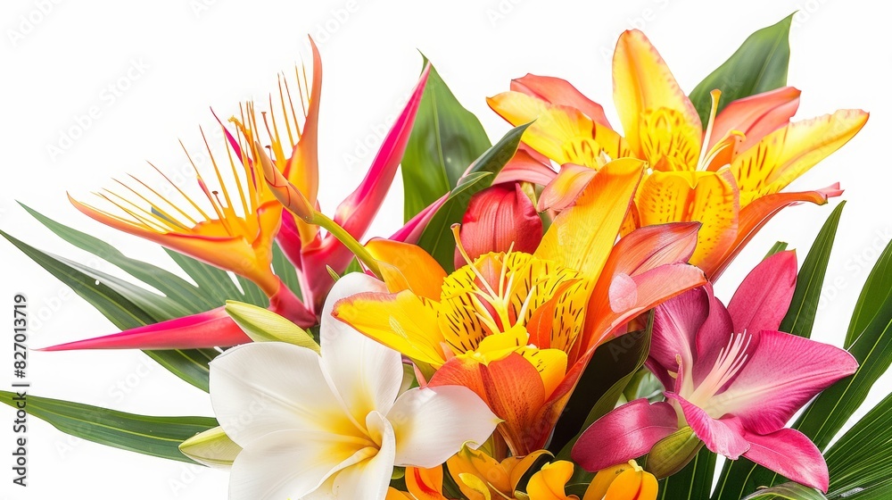 Close up of Tropical flower isolated on white background, colorful vivid floral bouquet, spring season of blooming flower Close up of Tropical flower isolated on white background, colorful vivid floral bouquet, spring season of blooming flower