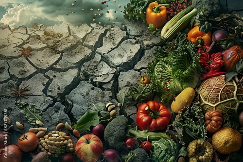 fruits and vegetables on dry land, food scarcity , drought