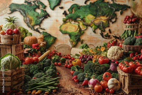 fruits and vegetables with a world map as background, global food supply , food supply , chains
