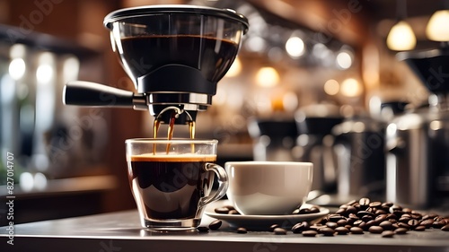 Freshly brewed coffee pouring out of the coffee machine on a blurred restaurant background photo