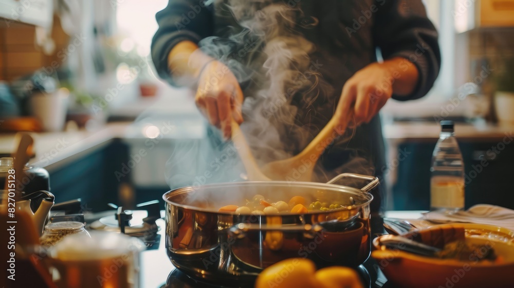 Naklejka premium A person stirring a pot of soup on the stove, with steam rising from the pot.