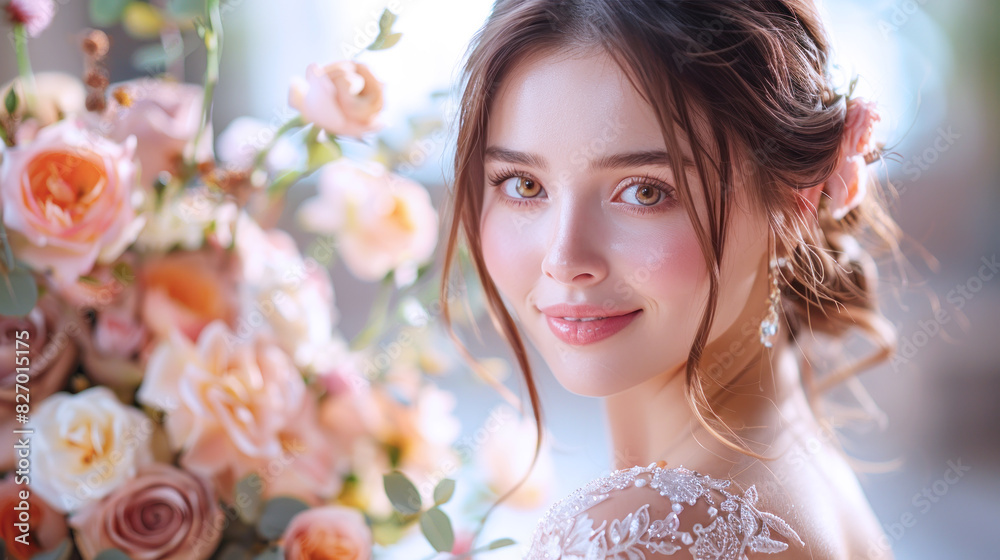 Chinese Woman Smile Celebrate Wedding Happy Anniversary in Rose Gardens Chinese Woman Smile Celebrate Wedding Happy Anniversary in Rose Gardens