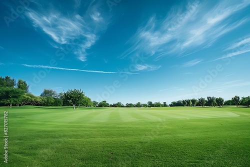 Beautiful green golf course landscape with a blue sky background
