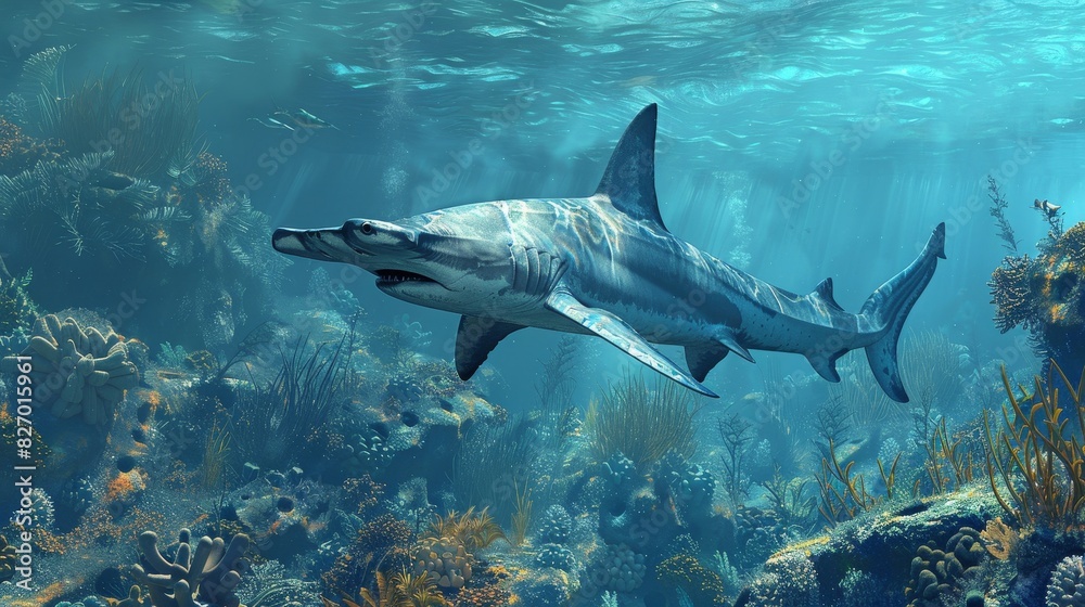 Fototapeta premium A shark is swimming in a coral reef with many fish