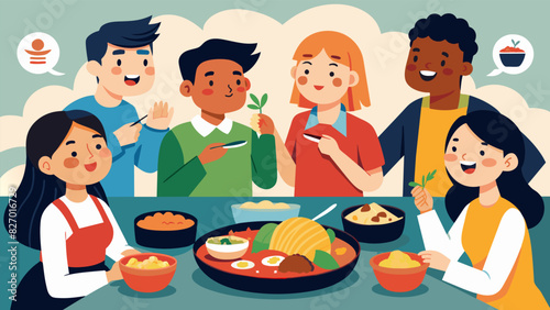 A group of students trying to pronounce the names of exotic dishes theyve never heard of like baba ghanoush and bibimbap at the International Food. Vector illustration