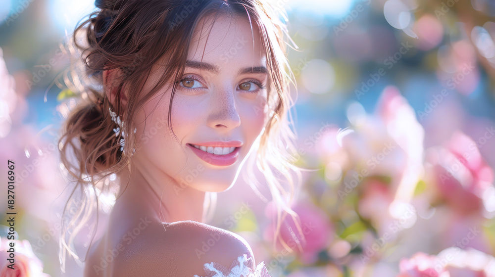 Hispanic Woman Smile Celebrate Wedding Happy Anniversary in Rose Gardens