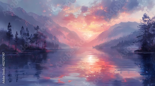 serene lake scene at sunset, with the sky and water painted in soft fluffy hues of pink and lavender